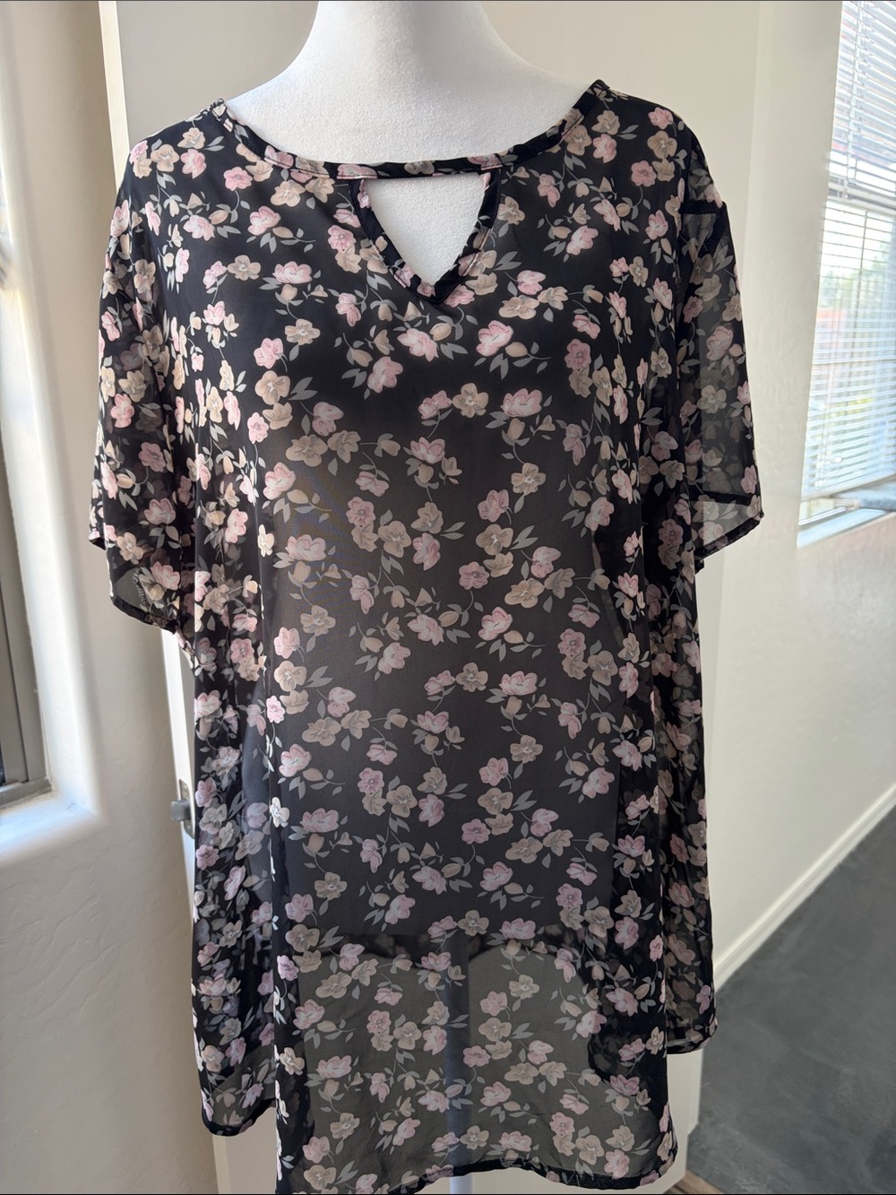 loralette Black Sheer Top with Pink and Beige Floral Print